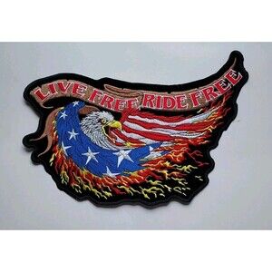 Motorcycle Patch "Live Free Ride Free" Iron On Biker 12” Eagle Flag USA